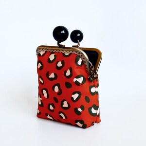 Terracotta animal print fabric purse with metal clasp, leopard fabric wallet and clasp with blue balls, gift idea for a friend