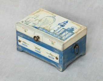 Vintage Blue Sea Shell Lighthouse Wooden Box, Provence Sea Theme Box, Ropes and Knots Box, Blue Small Chest, Housewarming gift