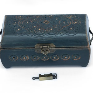 Vintage Aged Wooden Hand Carved Chest with Padlock, Bronze metal accessories, Dark blue wooden chest, Housewarming gift, Small Chest