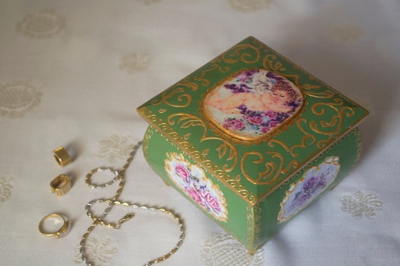 Green Rococo Wooden Jewelry Box Trinket Luxury Elegant Green Rococo Wooden Jewelry Box Trinket