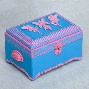 Dancing Fairies Bright Pink and Blue Wooden Jewelry Box, Girl Keepsake box, Fantasy box, Trinket Box, Memory Box, Girl birthday gift