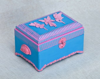 Dancing Fairies Bright Pink and Blue Wooden Jewelry Box, Girl Keepsake box, Fantasy box, Trinket Box, Memory Box, Girl birthday gift