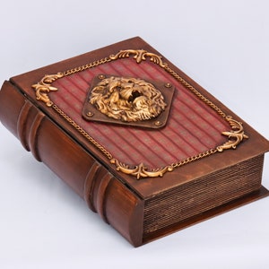 Vintage Medieval Lion Bronze Furniture Wooden Book Box, Custom Book Box, Keepsake box, Hidden Compartment, Secret Book Box, Gift for man