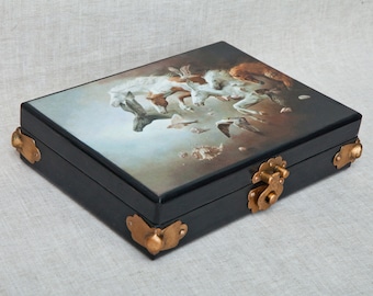 Horses and Birds Fantasy Vintage Oak Wood Box, Black Copper Box, Sky theme box, Home Decor, Housewarming gift, Vintage Trinket box