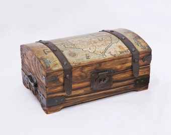 Pirate Wooden Chest, Treasure Chest, Vintage wooden chest, Bronze metal, Sailing ship, Country wooden chest, Old map, Gift for man