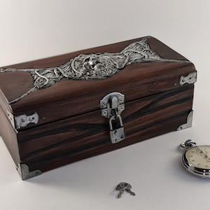 Vintage Aged Lion Wooden Chest, Silver metal chest, Heraldry medieval chest, Country wooden chest, Gift for man, Chest with padlock