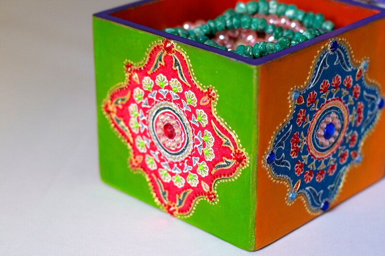 Ceramic Handle Rangoli Design Ethno Jewelry Box Home decor Extraordinary gift Keepsake Box India Boho Cube Wooden Jewelry Box