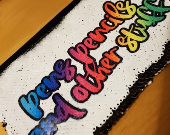 Personalised pencil case or makeup bag with reversible sequins, your words or rainbow name
