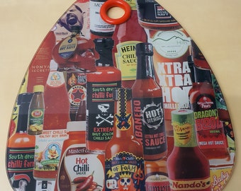 Chili Sauce Labels Glass Cutting Board, Customisable/ can be personalised