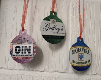 Gin bauble decorations personalised,  blue, green, pink