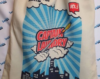 Laundry bag for boys. Comic style Captain Laundry, funny, colourful
