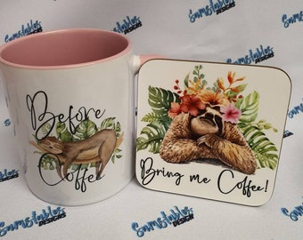 Sloth Coffee Mug & Coaster Set: Watercolor Sloth Art