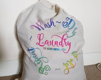 Laundry bag, funny, colourful and can be personalised. Laundry the never ending story!