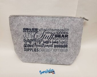 Grey Felt Zipper Pouch, Word Art Graphic, Stash Bag