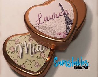Rose gold metal keepsake tin with personalised lid