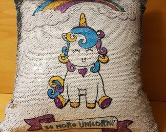Unicorn sequin cushion with reversible sequins, blue and white. Blue velvet back