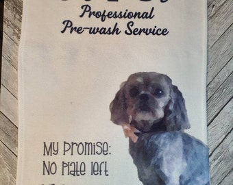 Funny dog tea towel pre wash dishwasher. Personalised with your dog’s photo and name