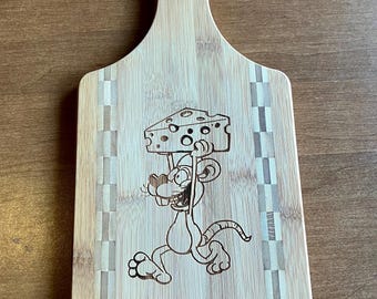 Mouse with cheese Bamboo cutting board paddle with inlay