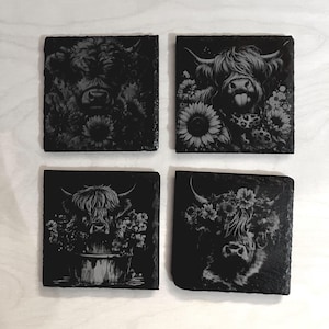 Highland cows with flowers coasters (Set of 4)