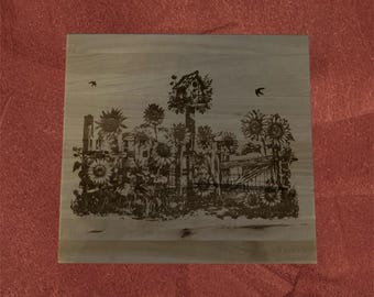 Birdhouses and sunflowers cutting board