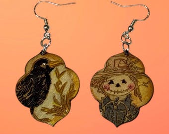 Scarecrow and crow wooden earrings
