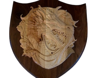 Dragon on shield 3d wood carving