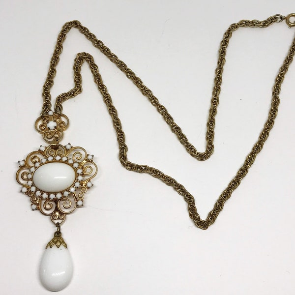 Vintage Antique Gold/White Lavalier Pendant Necklace, Gold-Tone, White Oval & Round stones, Swirl Filigree, Also a Brooch, Wedding Bridal