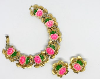 Pink Rose Bracelet and Clip-on Earrings Set, Gold Tone Metal