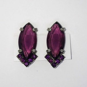 Vintage Antique Art Deco Purple Glass Earrings, Large Glass Marquise Translucent Stones, Round rhinestones, Clip ons, silver-tone, Beautiful