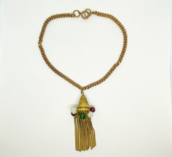 Antique Art Deco Necklace, Tassle Pendant, gold/b… - image 4