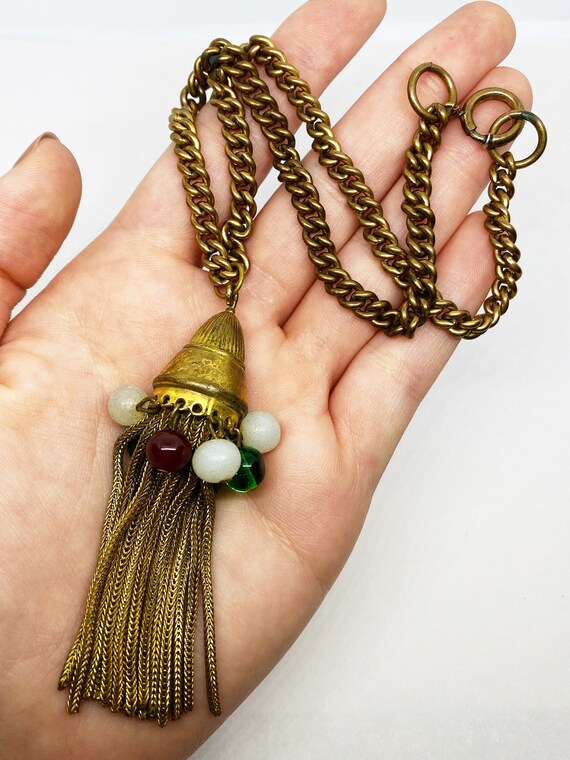 Antique Art Deco Necklace, Tassle Pendant, gold/b… - image 3