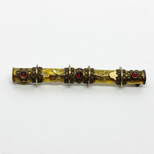 Antique/Victorian Bar Pin, Gold/Bronze Tone, Red (Garnet?) Stones, Ornate Filigree, Tulips