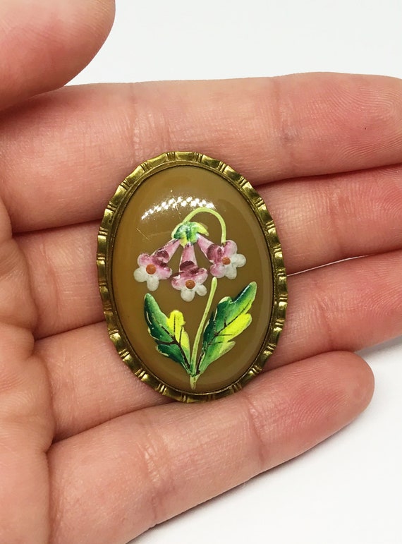 Antique Hand Painted Flower Brooch, Gold Tone, Ova