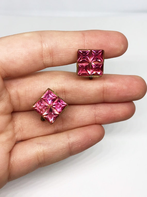 Vintage Antique Pink Square Rhinestone Screwback … - image 2