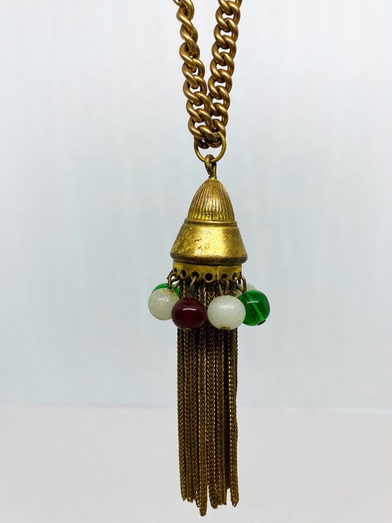 Antique Art Deco Necklace, Tassle Pendant, gold/b… - image 2