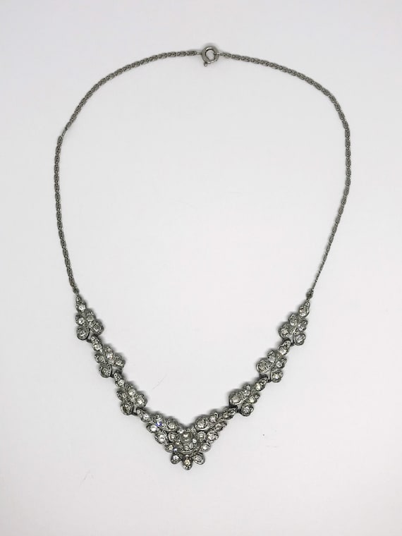 Antique Art Deco Flower Necklace, Rhinestone Silv… - image 1