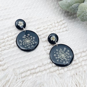 Black Pressed Flower Earrings -FAYE- Baby’s Breath Dried Polymer Clay Boho Minimalist Dangly Studs - Monochromatic Hypoallergenic Dangles