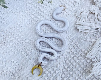 Opal Snake Car Charm Moon or Quartz  -WILLOW- Python Crystal Crescent Polymer Clay Rear View Mirror Hanging White - Brass Boho Nature Hippie