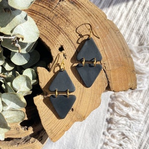 Jet Black Triangles with 14k Gold Hooks - DESI - Geometric Polymer Clay Dangles - Hypoallergenic Lightweight Statement Earrings