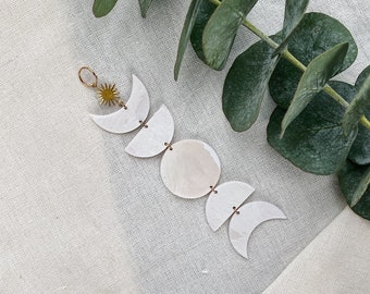 Moon Phases Polymer Clay Rear View Mirror Car Charm -LUNA- White Shell Opal Marble - Brass Sun Charm - Celestial Necklace - Boho Hippie