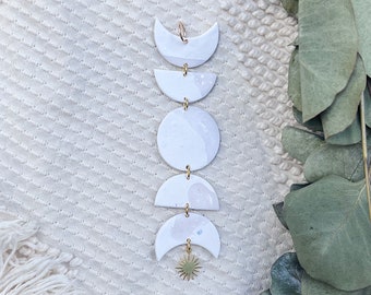 Opal Moon Phases Rear View Mirror Car Charm -LUNA- Polymer Clay White Shell Marble - Brass Sun Charm - Celestial Boho Hippie Star
