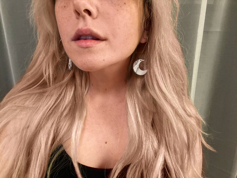 ARTEMIS White Marble Moon Hoops Lightweight Statement Earrings Celestial Polymer Clay Hoops