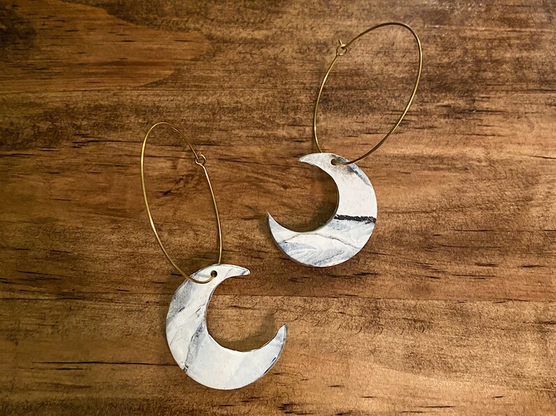 ARTEMIS White Marble Moon Hoops Lightweight Statement Earrings Celestial Polymer Clay Hoops