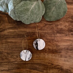 White Marble Hoops with Round Circle Dangle - IVY - Polymer Clay Hoops - Lightweight Statement Earrings