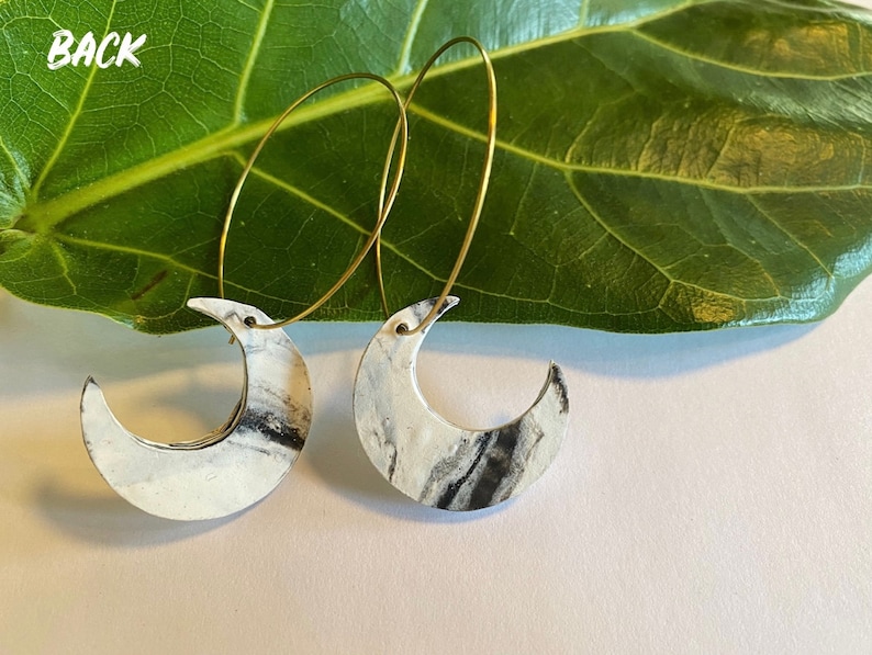 ARTEMIS White Marble Moon Hoops Lightweight Statement Earrings Celestial Polymer Clay Hoops