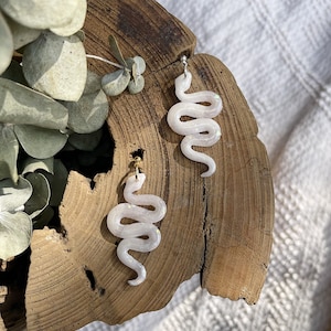 Opal Polymer Clay Marble Crystal Python Earring -LUCE- White Translucent Marble Snake Dangles - 18k Gold Boho Nature Jewelry Sterling Silver
