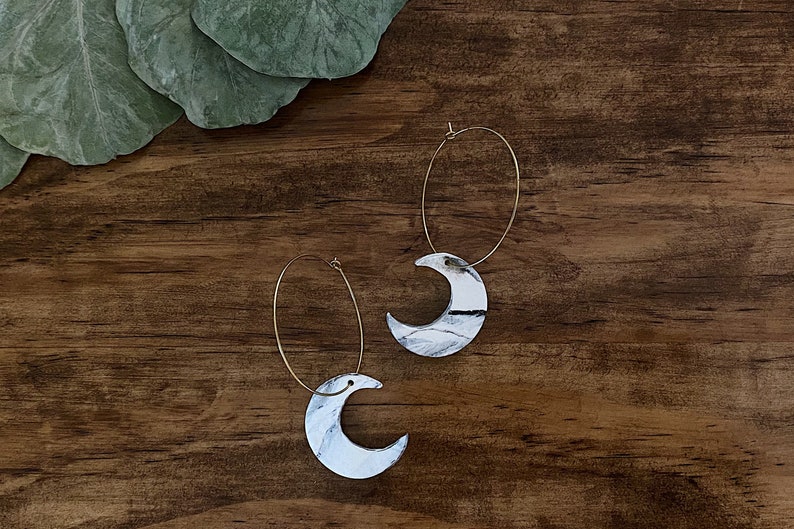 ARTEMIS White Marble Moon Hoops Lightweight Statement Earrings Celestial Polymer Clay Hoops