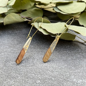 Wood and Resin Gold Flake Earrings - Earthy Dangles- Natural Minimal Brass LightWeight Gifts 18k Gold Kidney Bean Ear Wires - Stretched Ears