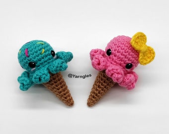 Ice-Cream Octopus Crochet Amigurumi Pattern, No Sew (except bow) Summer Crochet Plushie, Little Christmas Gift Idea Plush Toy