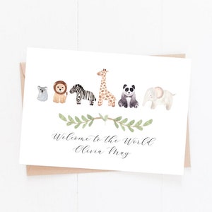 01 / Personalised Jungle Safari Welcome to the World | Customised New Baby Card | Size A6 (108x145mm)